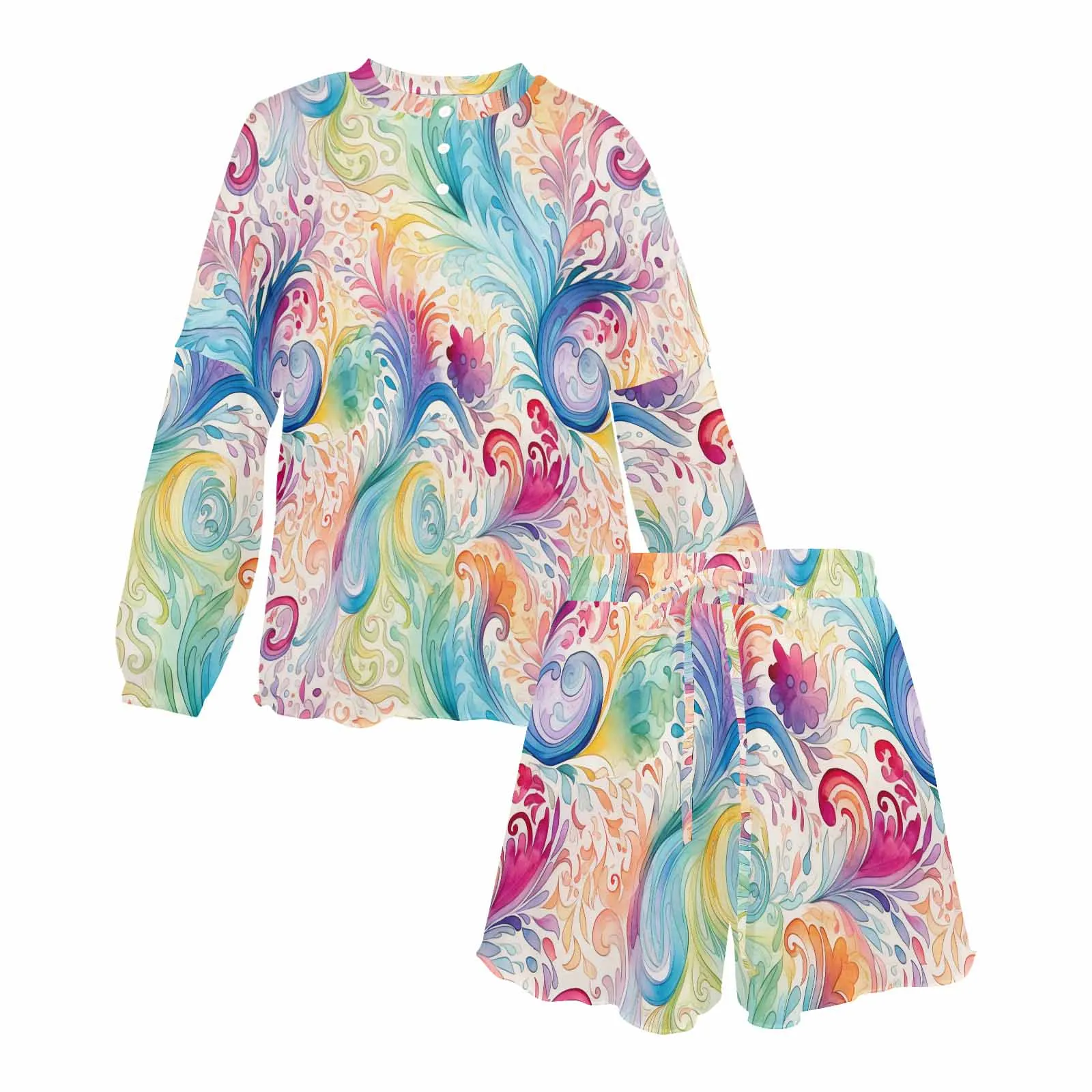 Pastel Rainbow Paisley  Women's Long Sleeve Pajama Set with Shorts