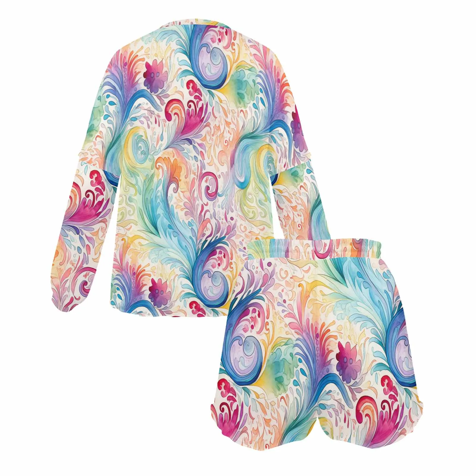 Pastel Rainbow Paisley  Women's Long Sleeve Pajama Set with Shorts