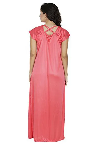 Peach Pink Satin Floral Lace Sleeve Full Length Nightgown