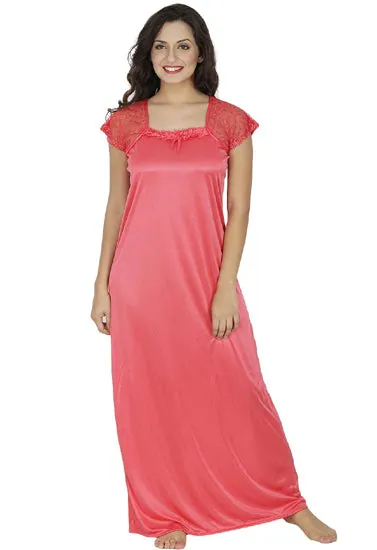 Peach Pink Satin Floral Lace Sleeve Full Length Nightgown