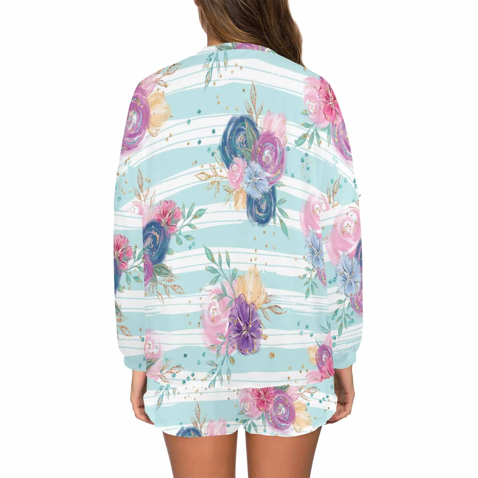 Purple and Pink floral Blue Stripes  Women's Long Sleeve Pajama Set with Shorts