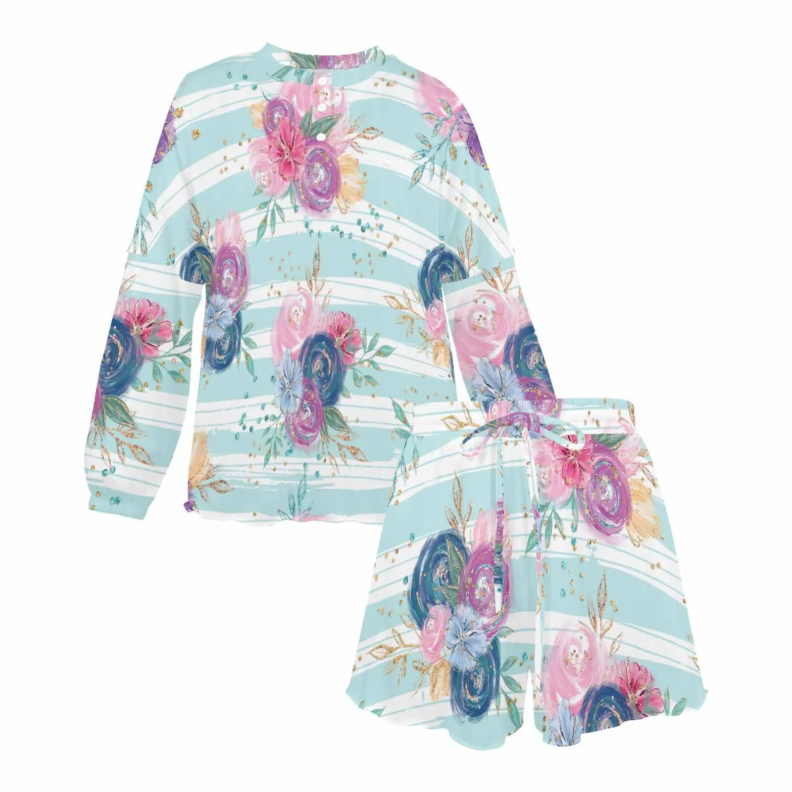 Purple and Pink floral Blue Stripes  Women's Long Sleeve Pajama Set with Shorts