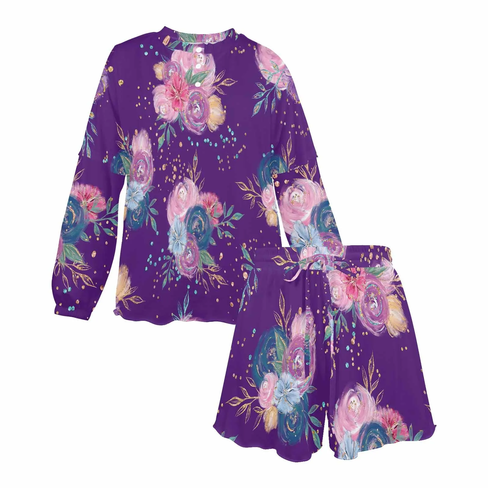 Purple Floral  Women's Long Sleeve Pajama Set with Shorts