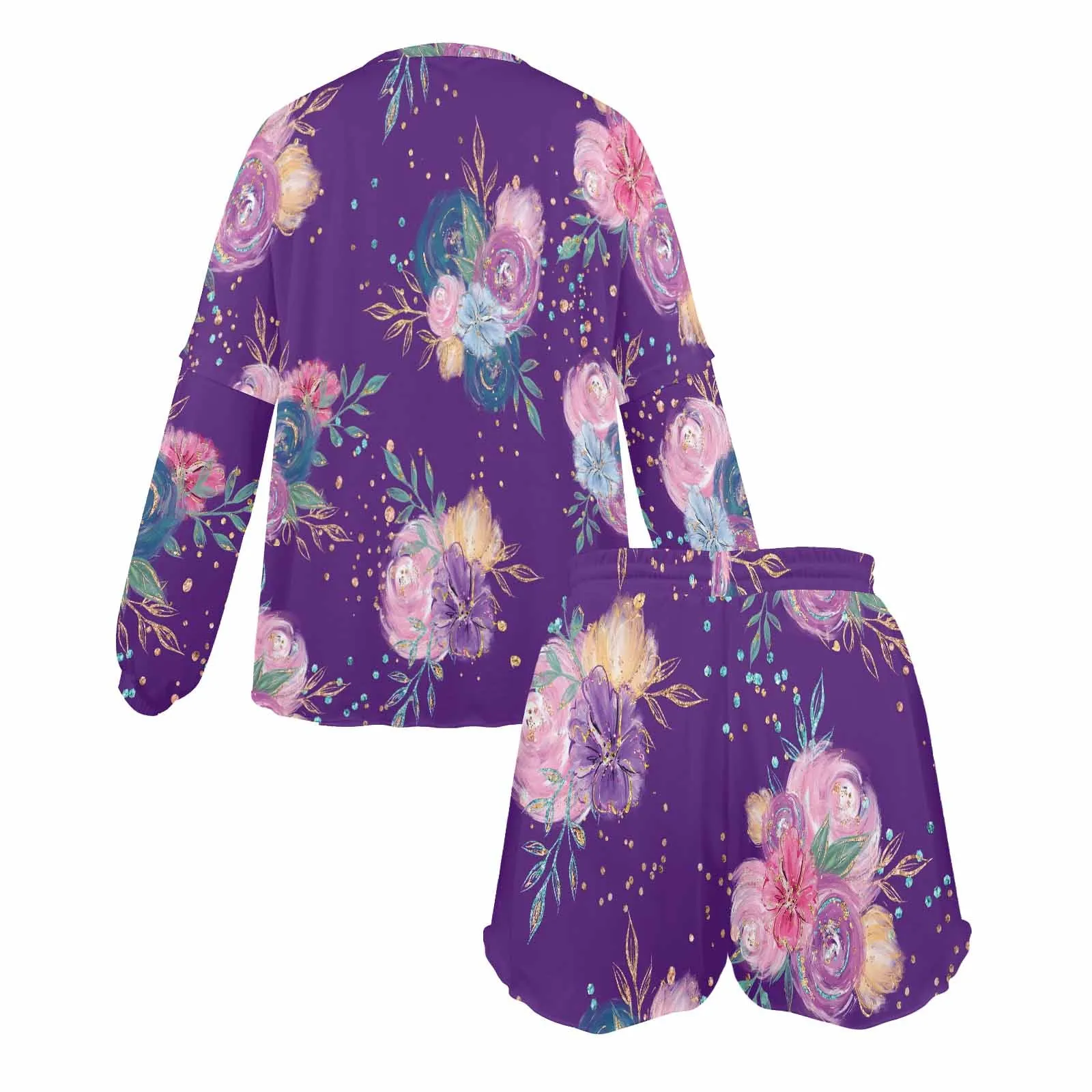 Purple Floral  Women's Long Sleeve Pajama Set with Shorts