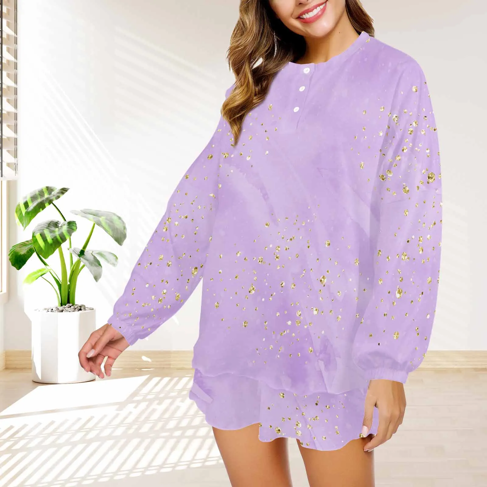 Purple Women's Long Sleeve Pajama Set with Shorts