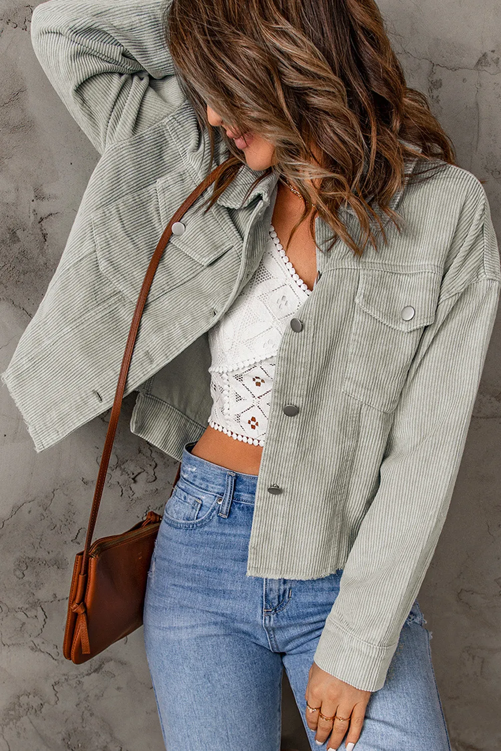 Raw Hem Flap Pockets Cropped Corduroy Jacket