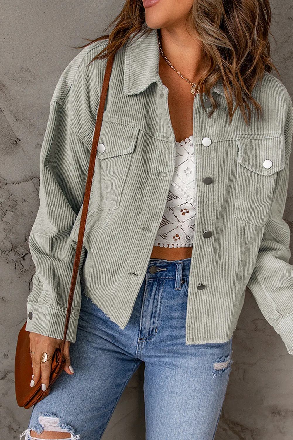 Raw Hem Flap Pockets Cropped Corduroy Jacket