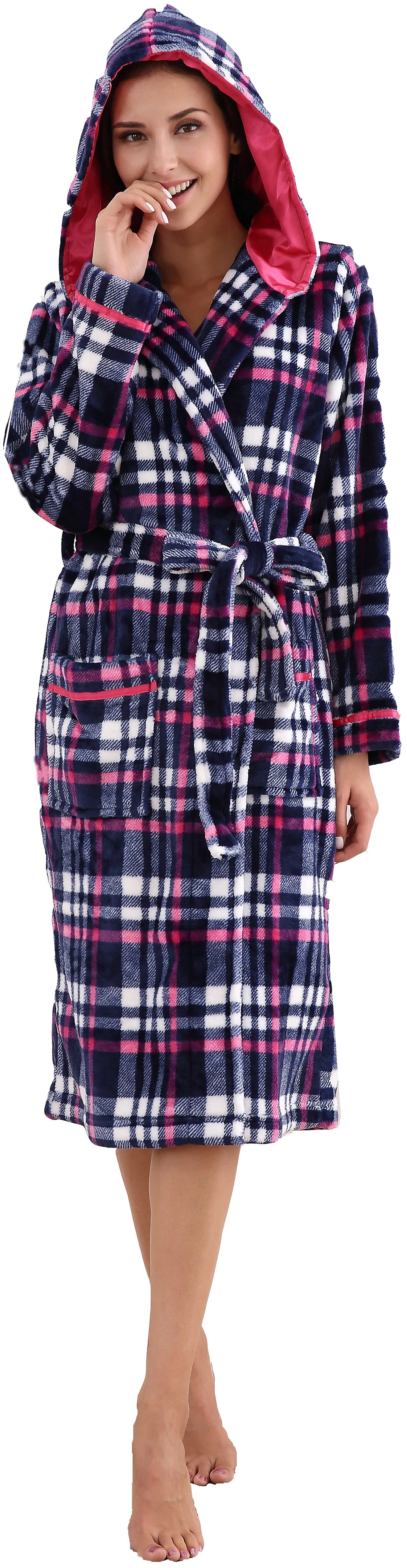 Richie House Women's Plaid Hooded Shawl Robe Sleepwear Dressing Bath Housecoat NRHW2714