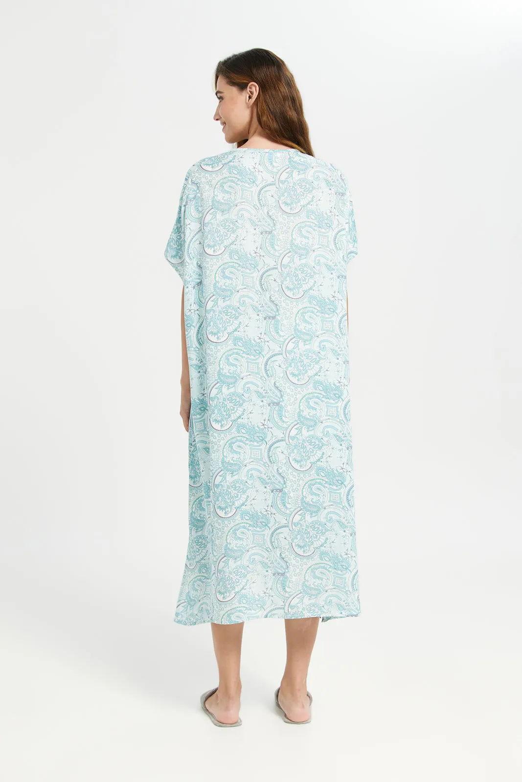 Women Blue V-Neck Printed Kaftan Nightgown