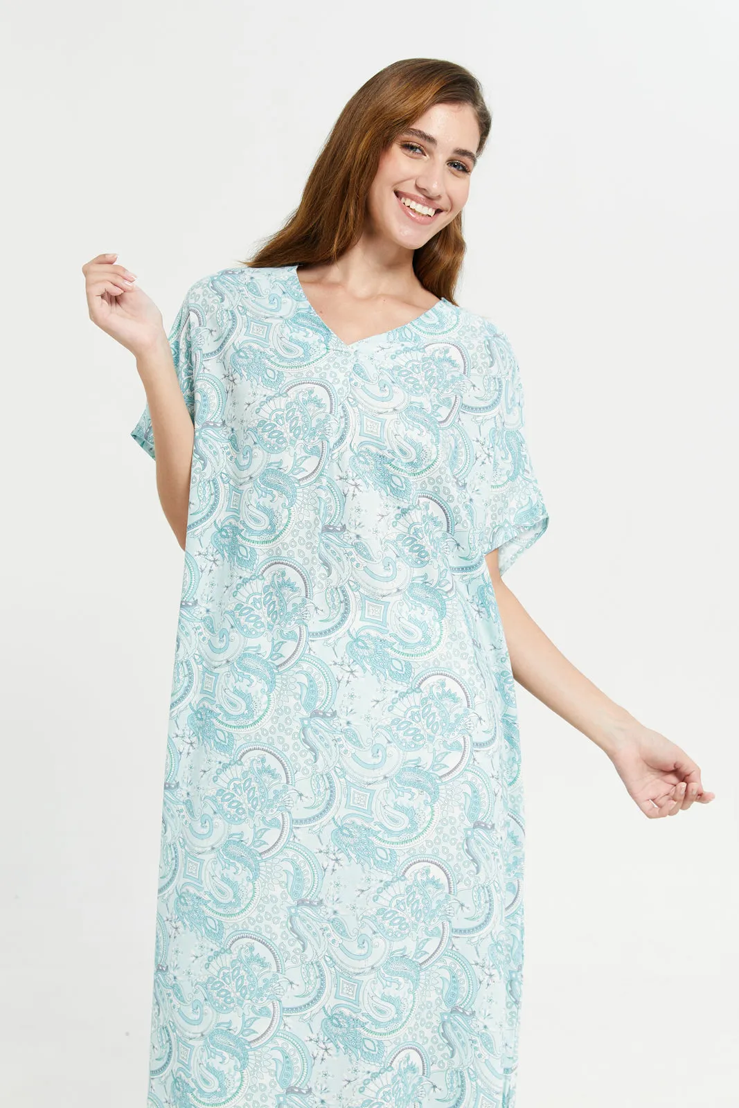 Women Blue V-Neck Printed Kaftan Nightgown