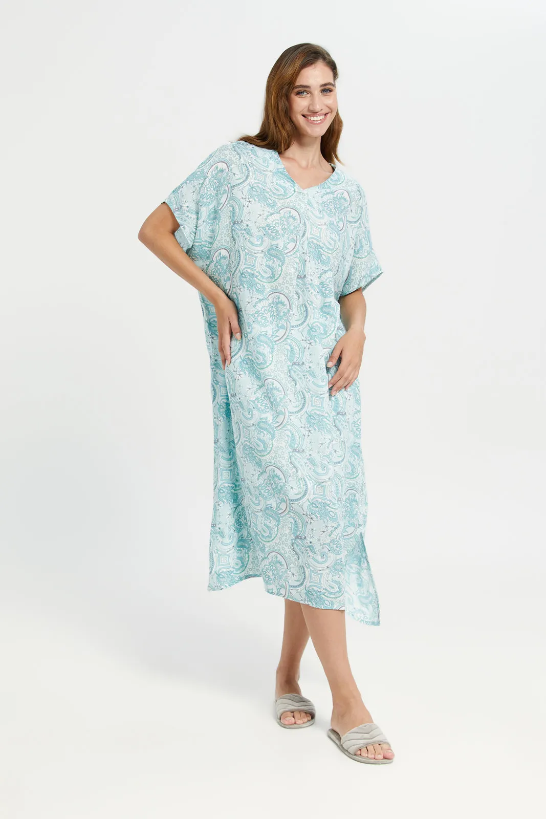 Women Blue V-Neck Printed Kaftan Nightgown