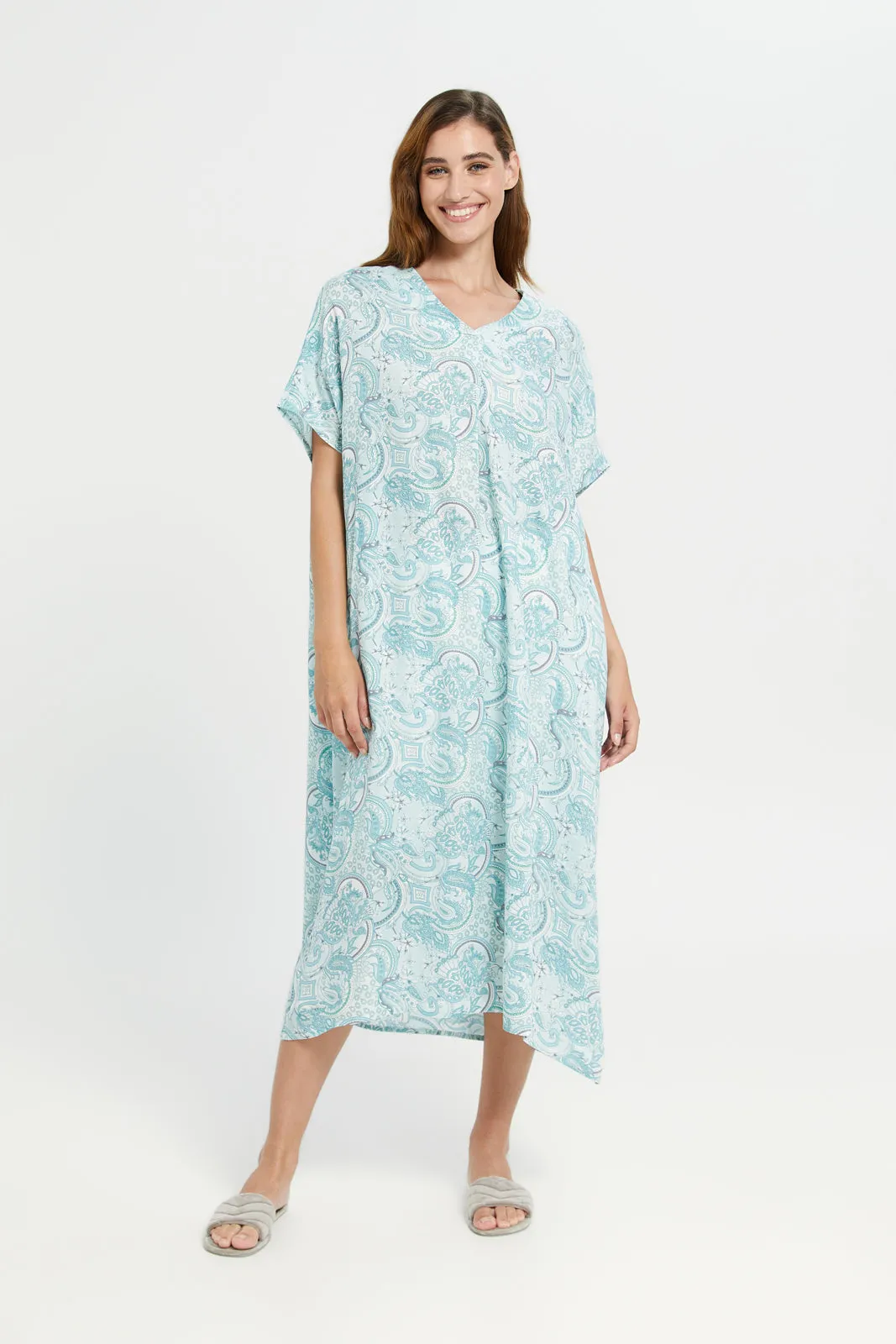 Women Blue V-Neck Printed Kaftan Nightgown