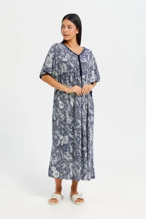 Women Grey Printed V-Neck Nightgown