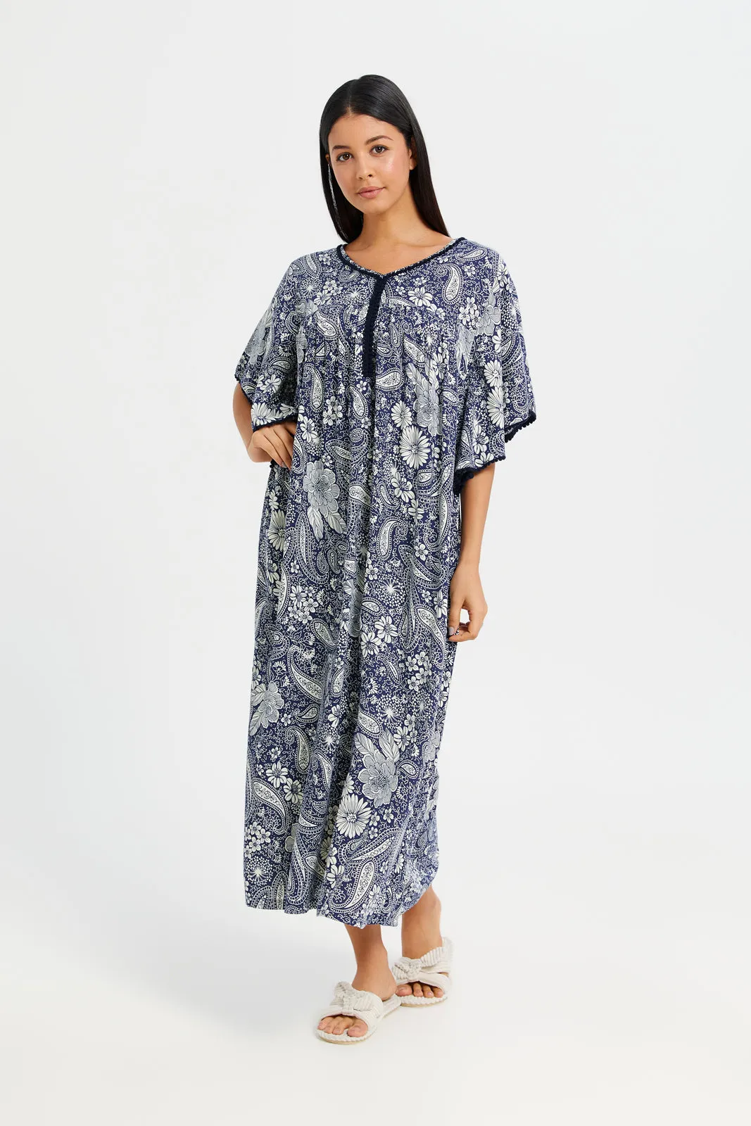 Women Grey Printed V-Neck Nightgown