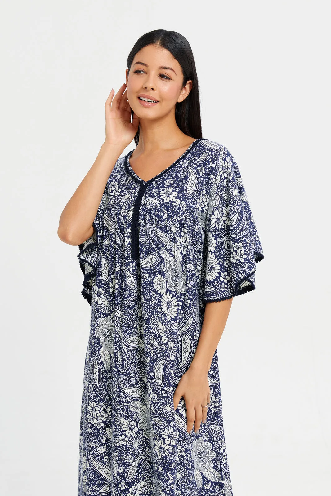 Women Grey Printed V-Neck Nightgown