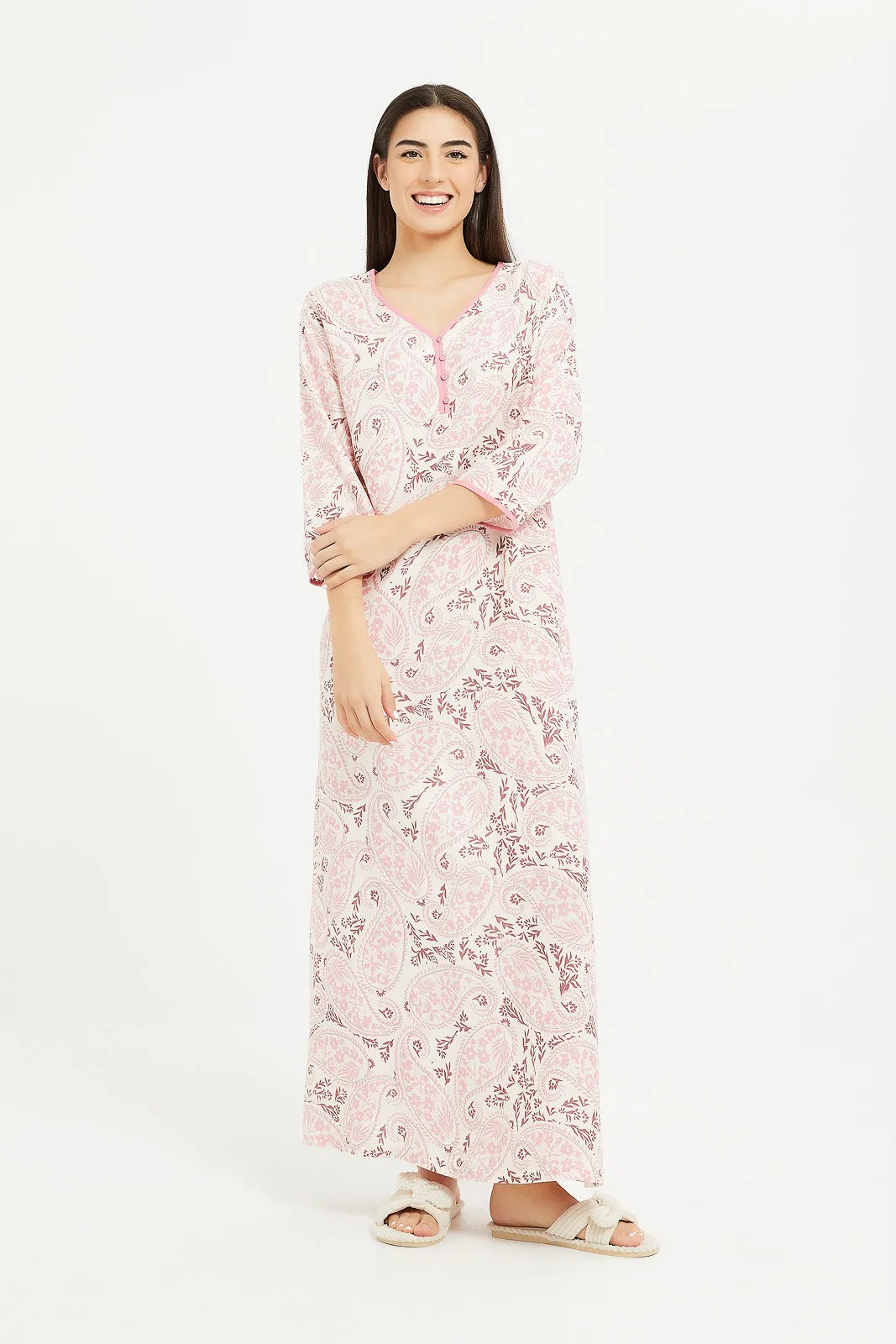 Women Pink Flower Printed Nightgown