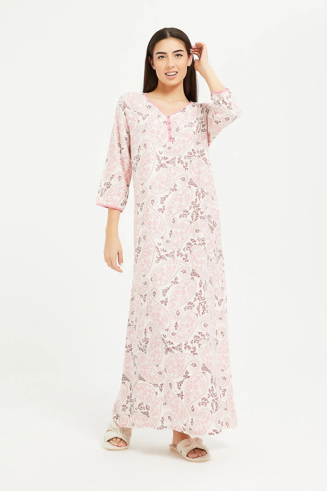 Women Pink Flower Printed Nightgown