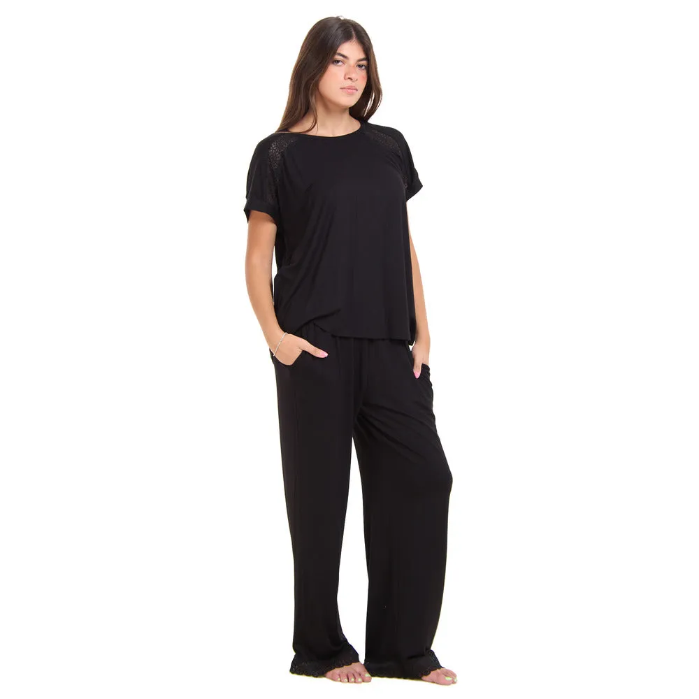 Women summer pajama set Black Lace shirt   Pants