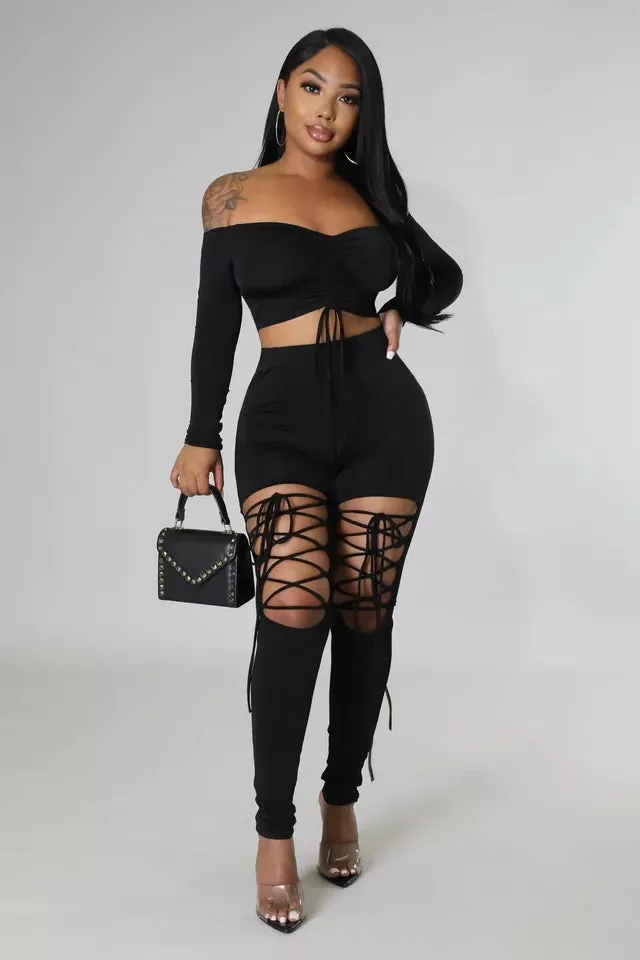 Women two piece set lace up