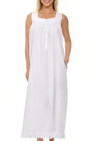 Women's Cotton Victorian Nightgown with Pockets, Clara Sleeveless Lace Trimmed Button Up Long Night Dress