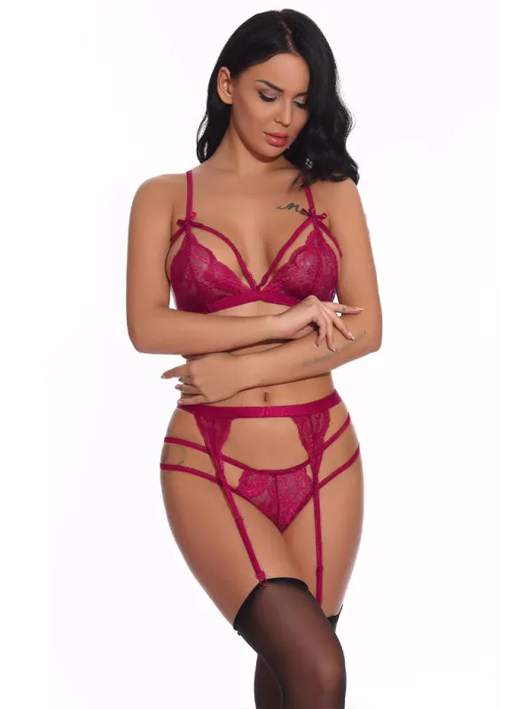 Women's Lace Three Piece Lingerie Set Including Garter Belt