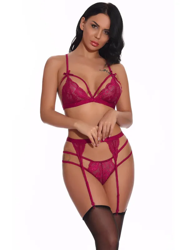 Women's Lace Three Piece Lingerie Set Including Garter Belt