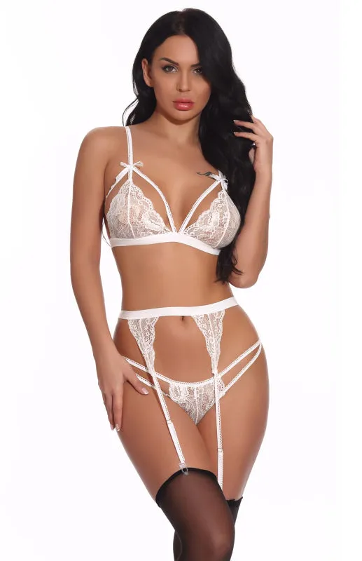 Women's Lace Three Piece Lingerie Set Including Garter Belt