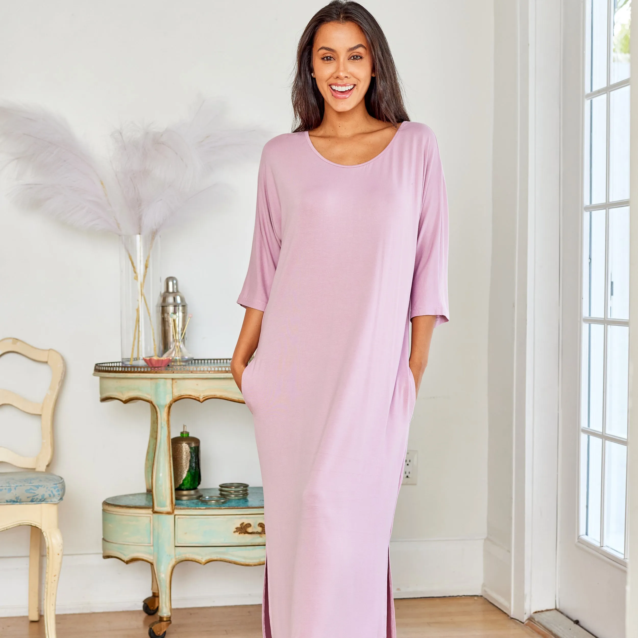 Women's Long Caftan Nightgown, Loungewear Oversized Pajamas Loose Sleep Dress with Pockets