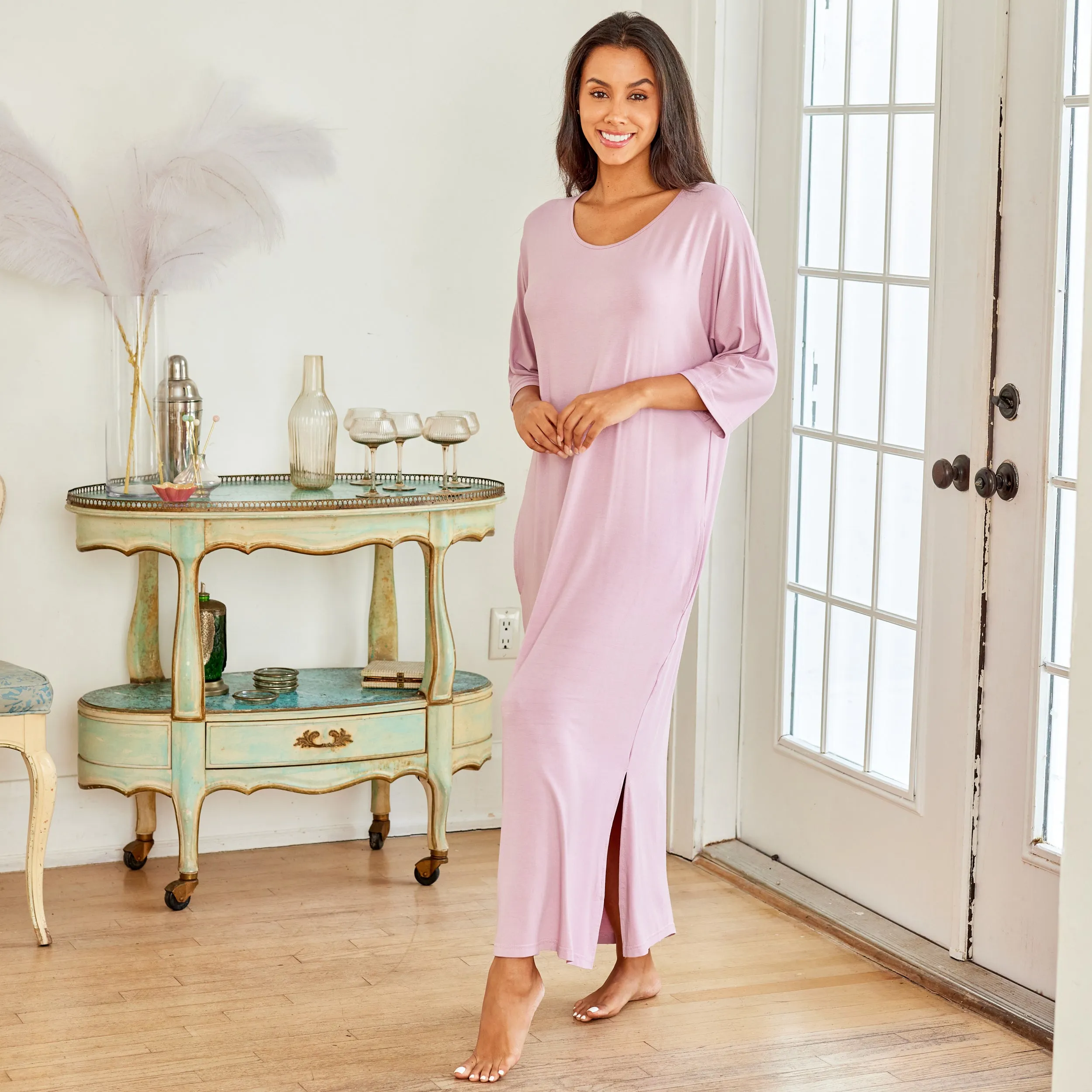 Women's Long Caftan Nightgown, Loungewear Oversized Pajamas Loose Sleep Dress with Pockets