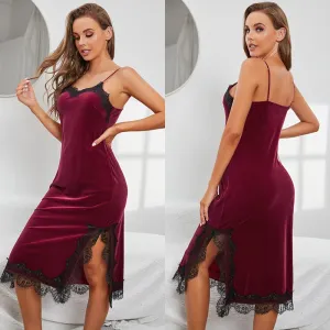 Women's Pajamas Sling Dress Velvet Nightgown Sexy Lace Homewear Bottoming Skirt Nightgown Elegant Sleepdress Femme