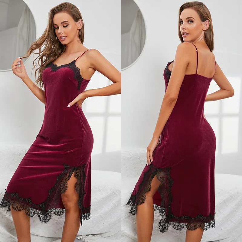 Women's Pajamas Sling Dress Velvet Nightgown Sexy Lace Homewear Bottoming Skirt Nightgown Elegant Sleepdress Femme