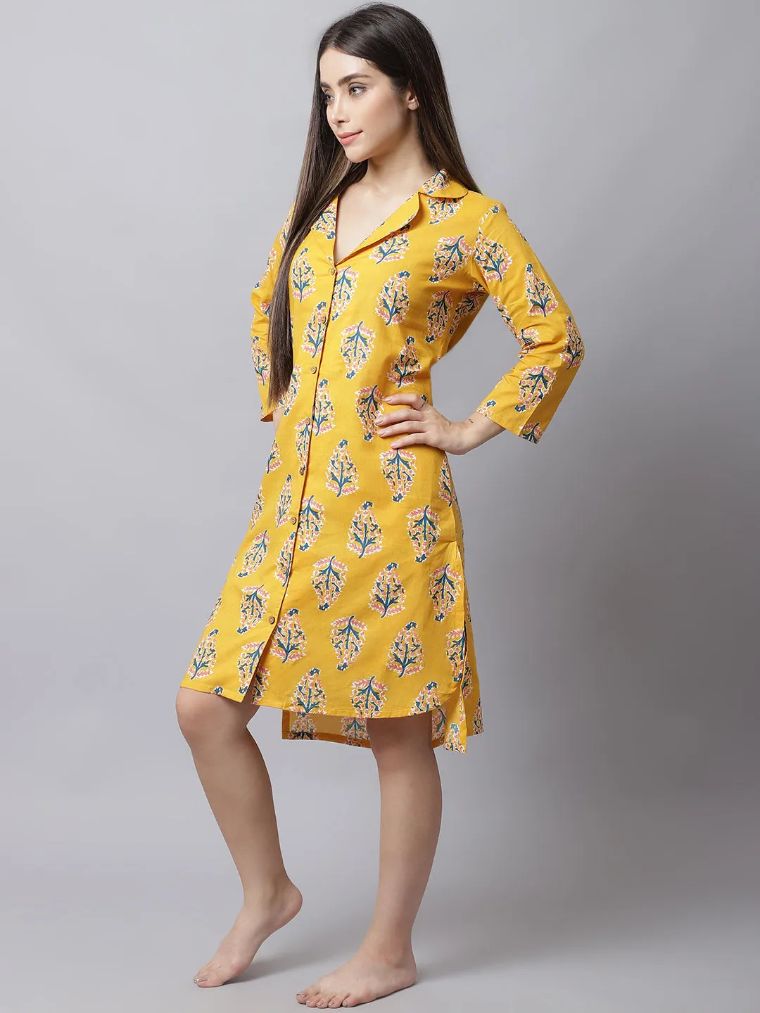 Women's Printed Knee Length Sleepshirt/ Night Shirt Dress - Yellow