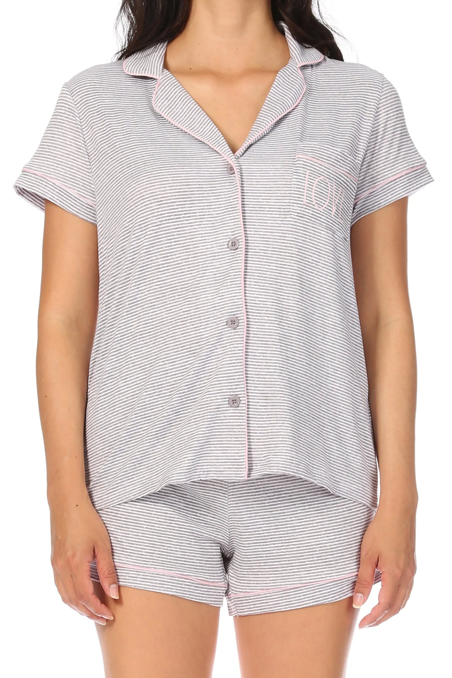 Women's "LOVE" Short Sleeve Notch Collar Button-Up Top and Short Pajama Set