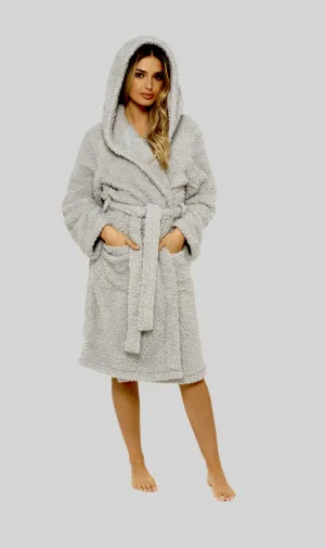 Women's Soft Grey Teddy Fleece Hooded Robe Ultra-Soft Sherpa Lined Cozy Nightwear Warm Dressing Gown by Daisy Dreamer