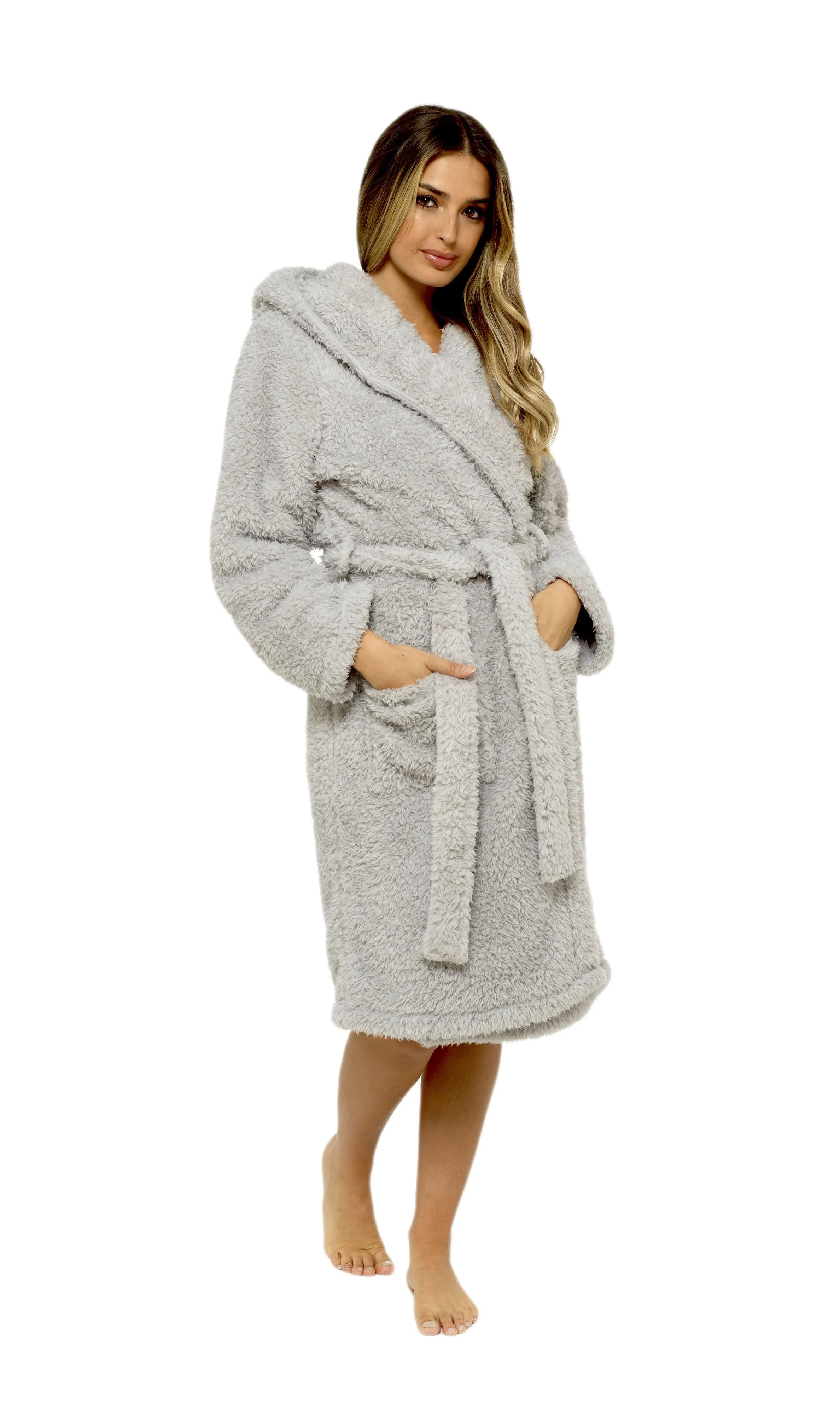 Women's Soft Grey Teddy Fleece Hooded Robe Ultra-Soft Sherpa Lined Cozy Nightwear Warm Dressing Gown by Daisy Dreamer